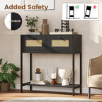 Rattan Console Table Boho Entryway Table with 2 Rattan Drawers and Open Storage Shelf