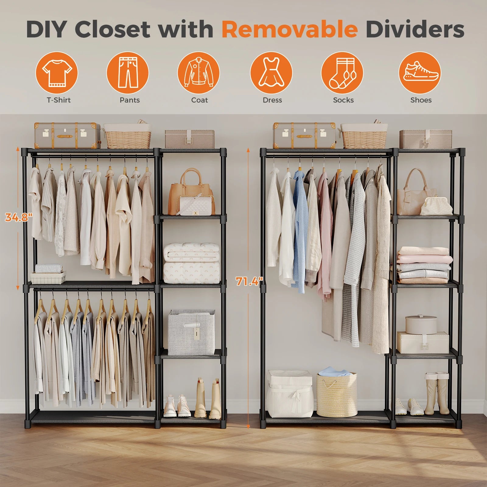 Portable Wardrobe Closet With Hanging Rods, Shelves