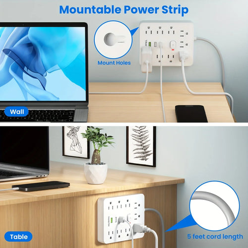 AC & USB Power Strip w/ Surge Protector, 10' Extension & Quick Charge