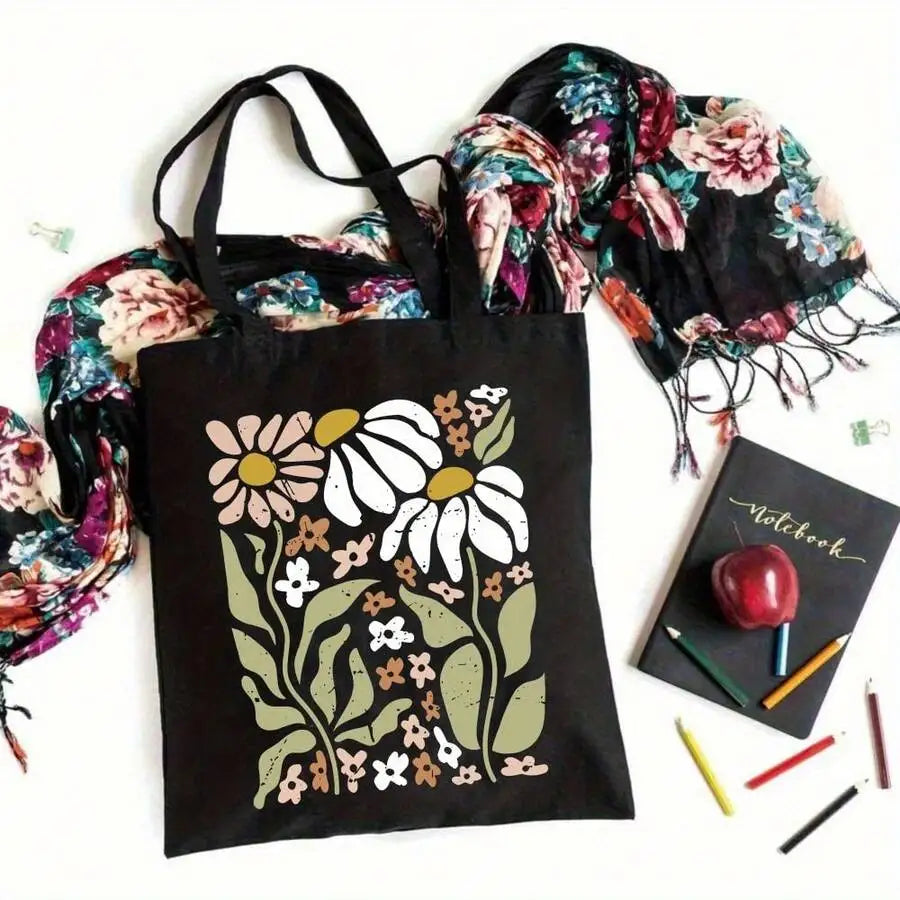 Boho Floral Print Reusable Canvas Tote Bag