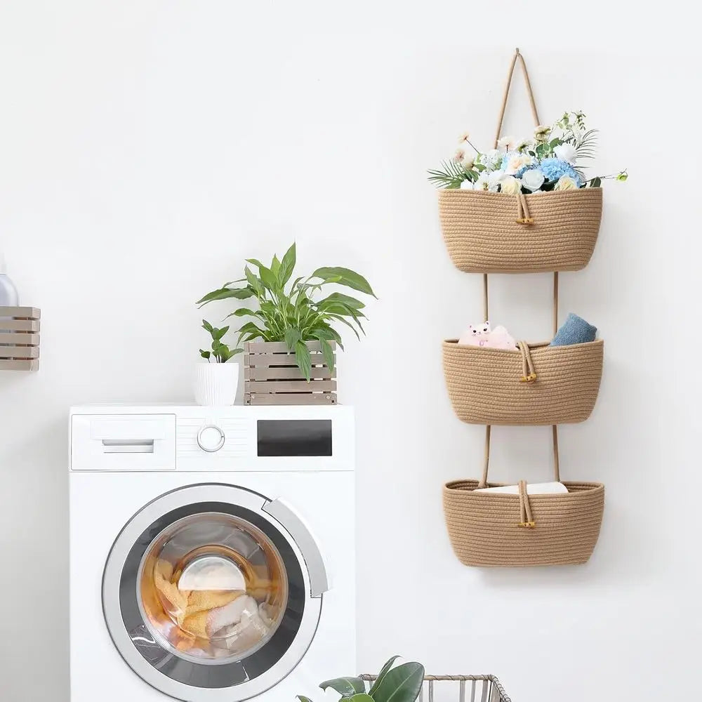 3-Tier Cotton-Rope Baskets Pantry, Bathroom, Nursery, Entryway