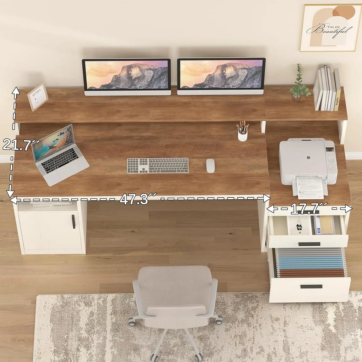 65" Computer Desk 3 Drawers, Storage Shelves