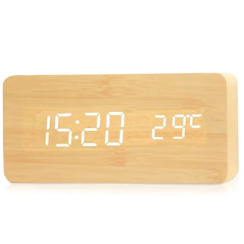 Wooden Digital Alarm Clock, With Temperature