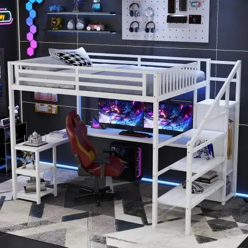 Queen Loft Bed Frame, Stairs/Storage/Wardrobe/Bedside Shelf