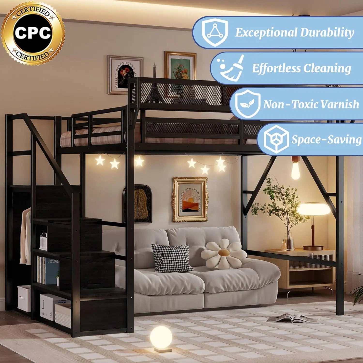 Queen Loft Bed Frame, Stairs/Storage/Wardrobe/Bedside Shelf