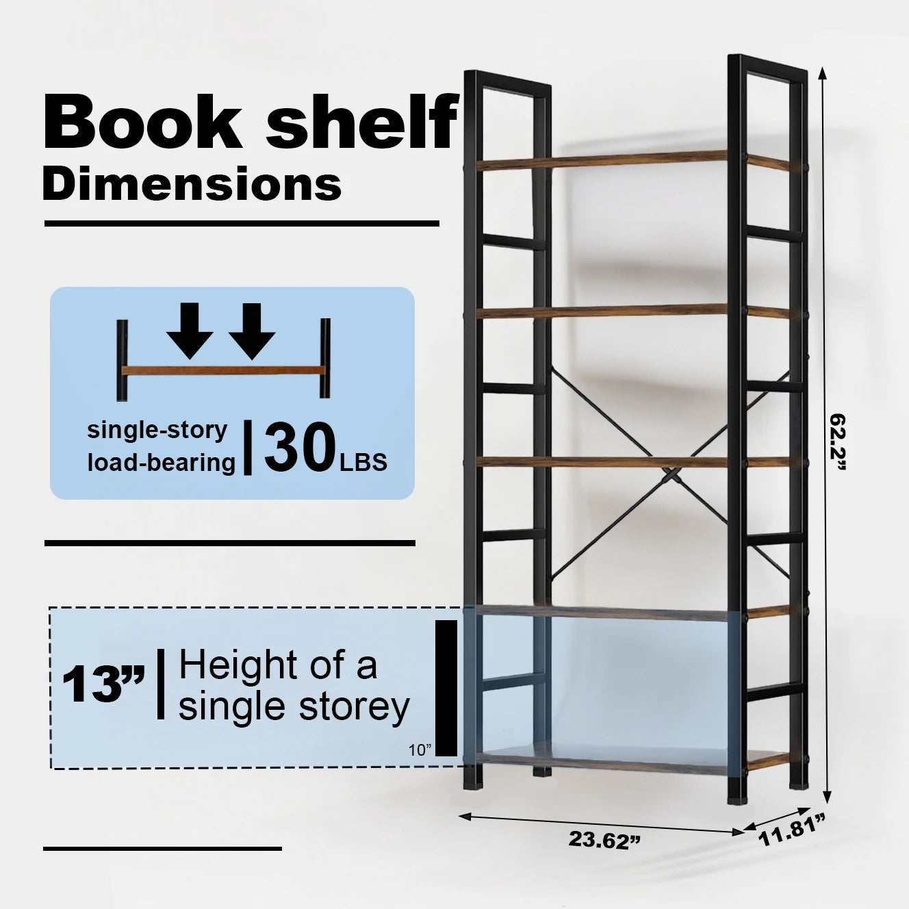 Book Shelf, 5 Tier Bookcase, Modern Bookshelf