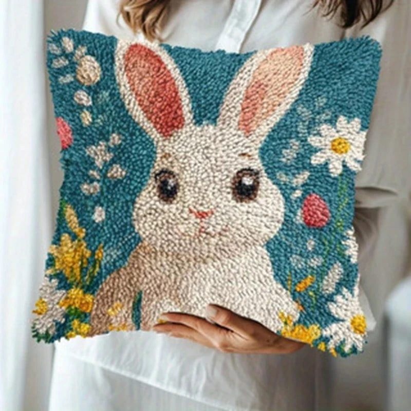 Cunning Fox Smyrna Buttons Package Latch Hook Pillow Kit Bunny Embroidery Design Plush Animal Canvas Craft for Home Decor Gifts