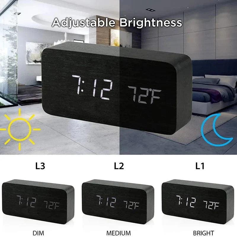 Wooden Digital Alarm Clock, With Temperature