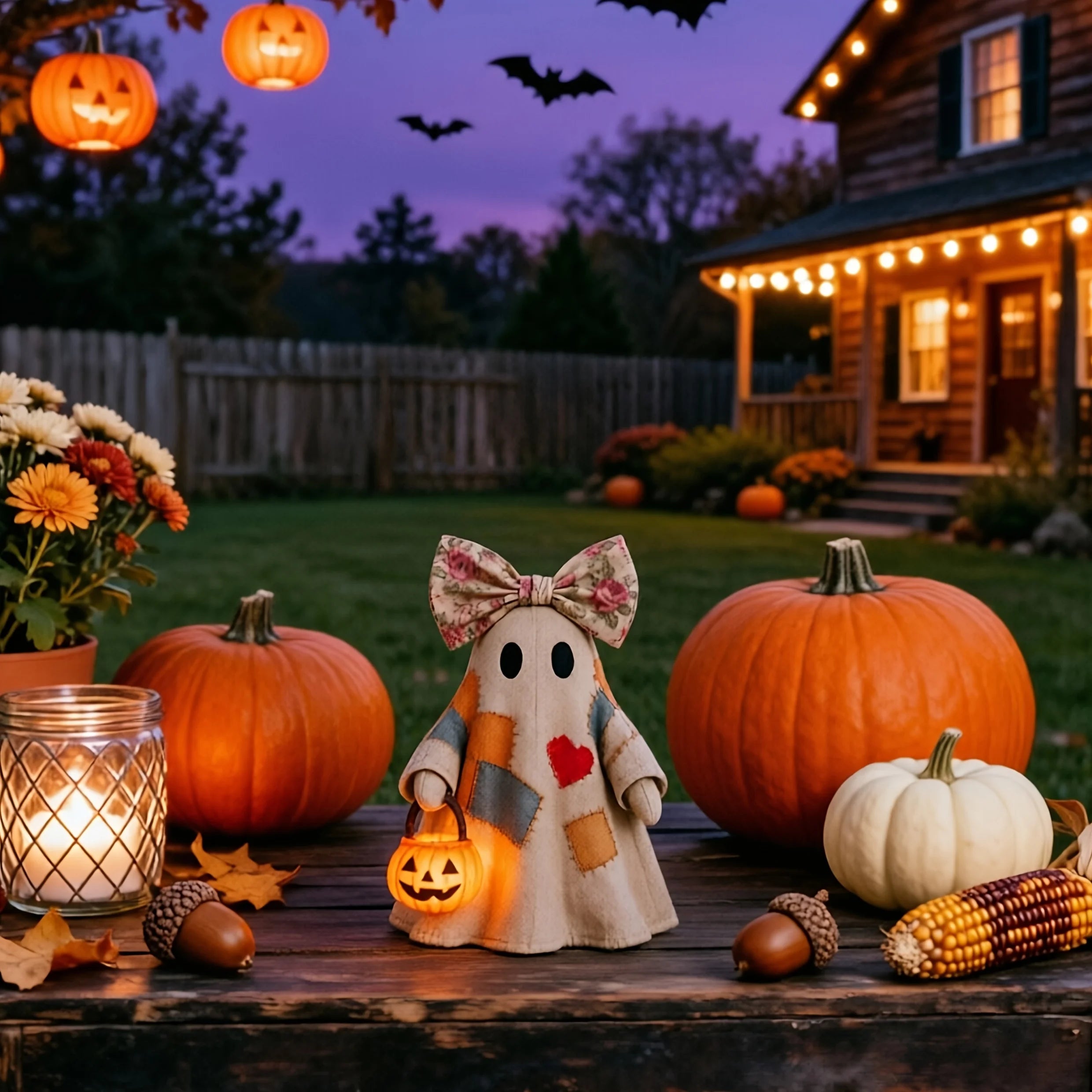 Vintage Patchwork Ghost & Pumpkin Decoration