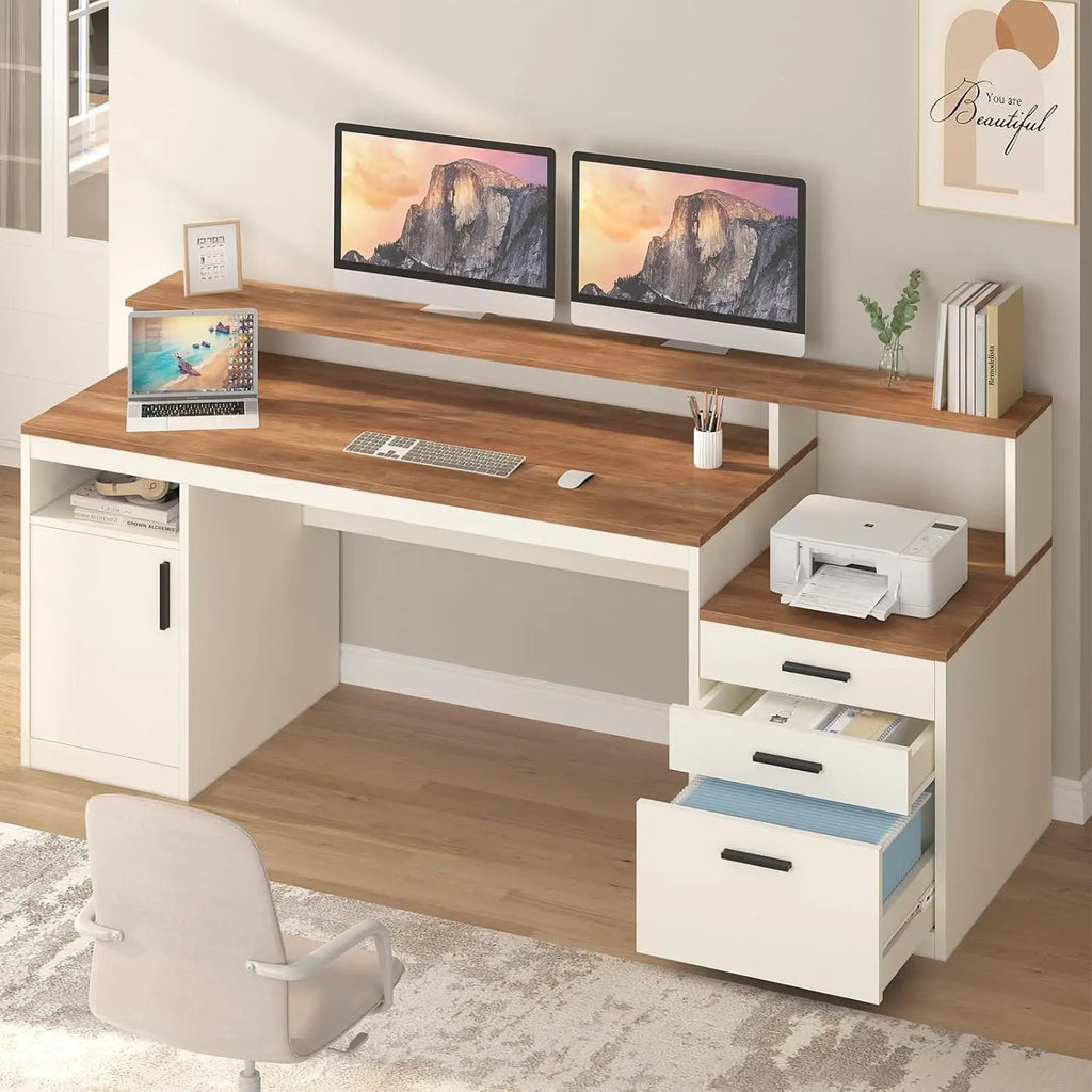 65" Computer Desk 3 Drawers, Storage Shelves