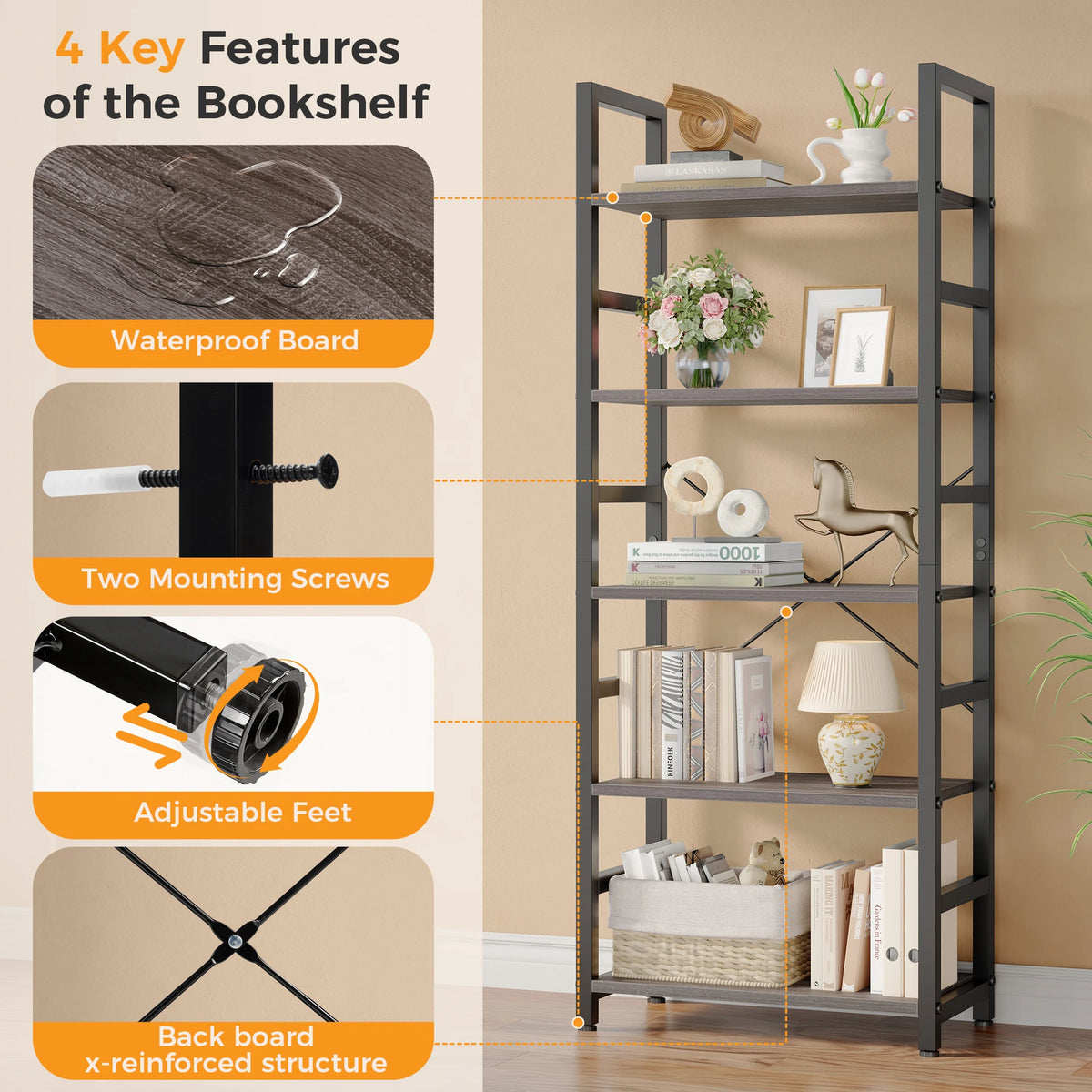 Standing 5 Tier Display Wooden Bookshelf
