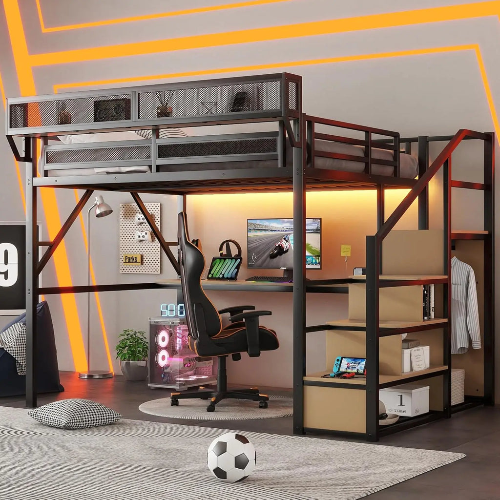 Queen Loft Bed Frame, Stairs/Storage/Wardrobe/Bedside Shelf