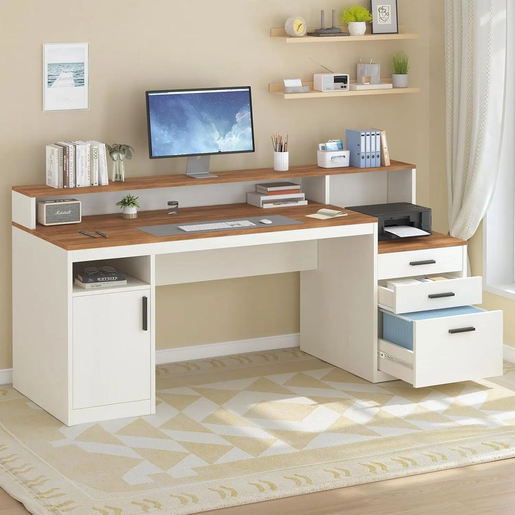 65" Computer Desk 3 Drawers, Storage Shelves