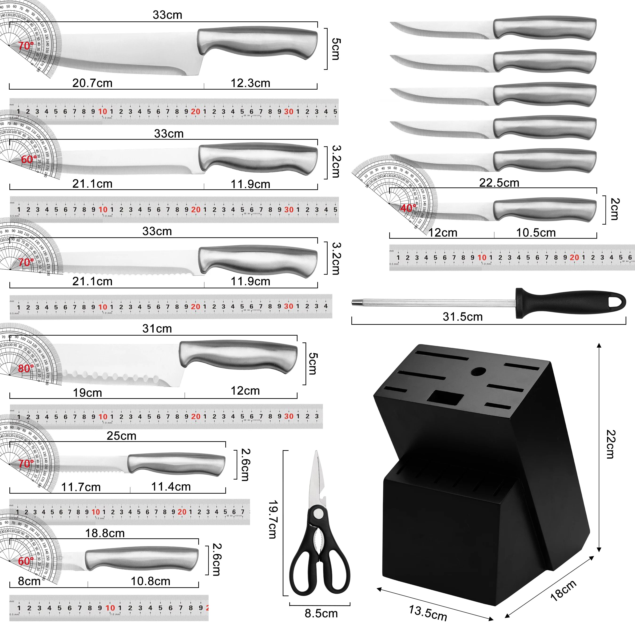 15Pcs Full Stainless Steel Kitchen Knife Set