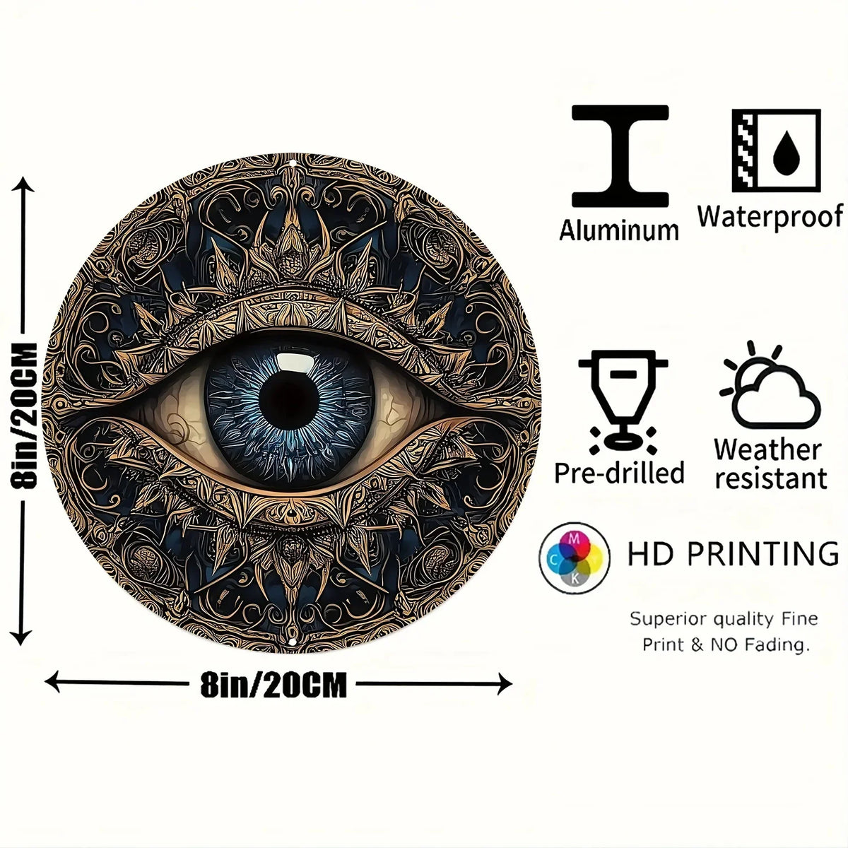Evil Eye 8x8" Round Aluminum Wall Art - Versatile Home Decor for Living Room, Bathroom & More