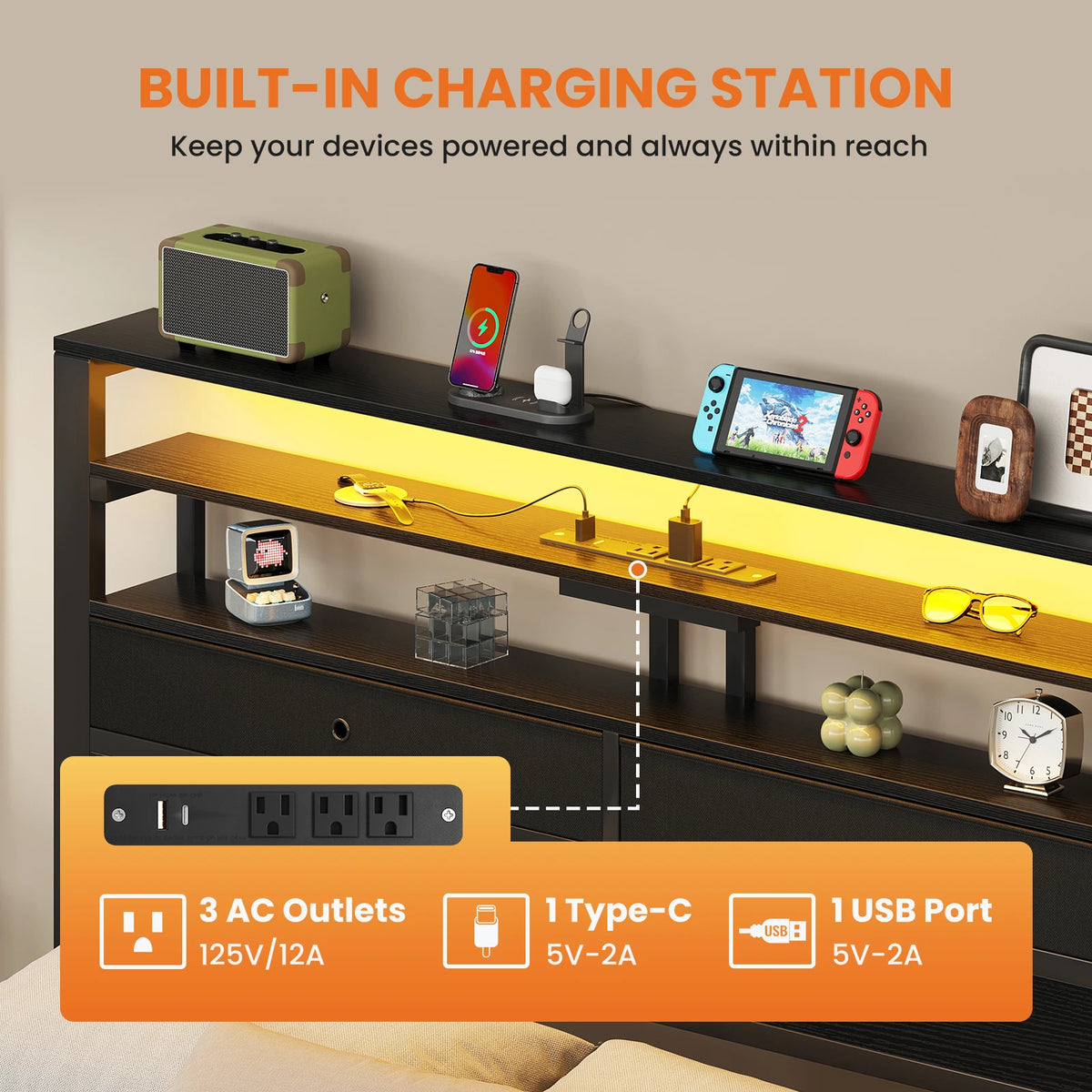 Platform Bed Frame W/ Storage LED Charging Station