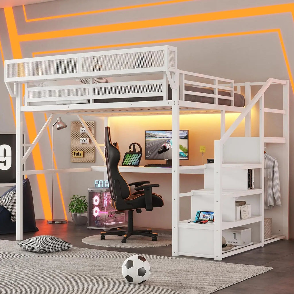 Queen Loft Bed Frame, Stairs/Storage/Wardrobe/Bedside Shelf