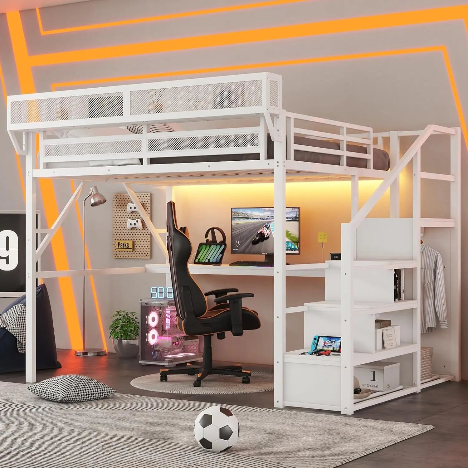 Queen Loft Bed Frame, Stairs/Storage/Wardrobe/Bedside Shelf