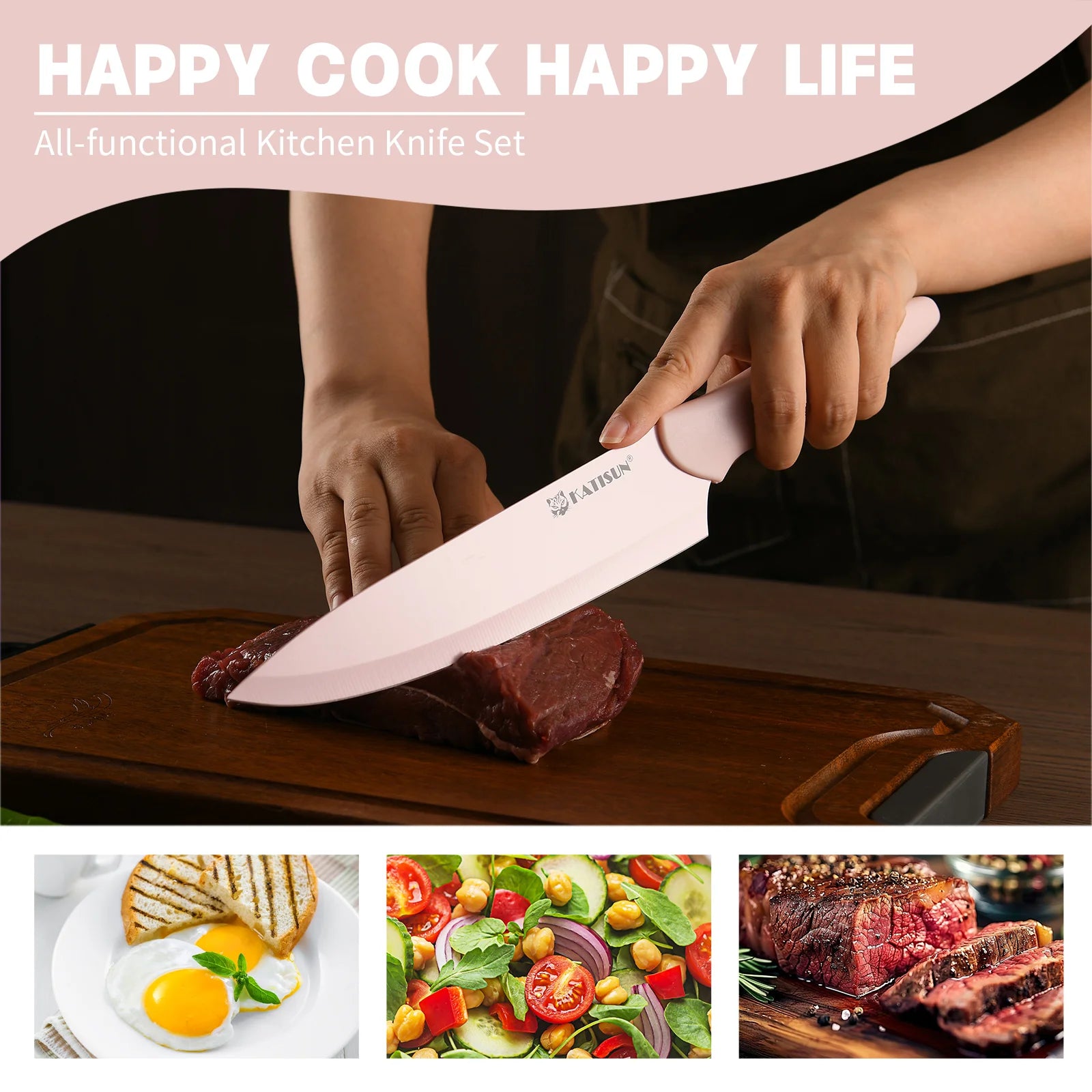 14-Pcs Titanium Coated Pink Kitchen Knife Set