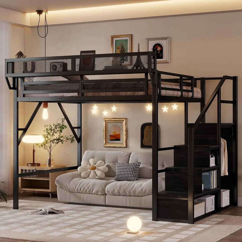 Queen Loft Bed Frame, Stairs/Storage/Wardrobe/Bedside Shelf