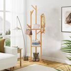 Bamboo Clothing/Coat/Shoe Stand With Hooks & Shelves