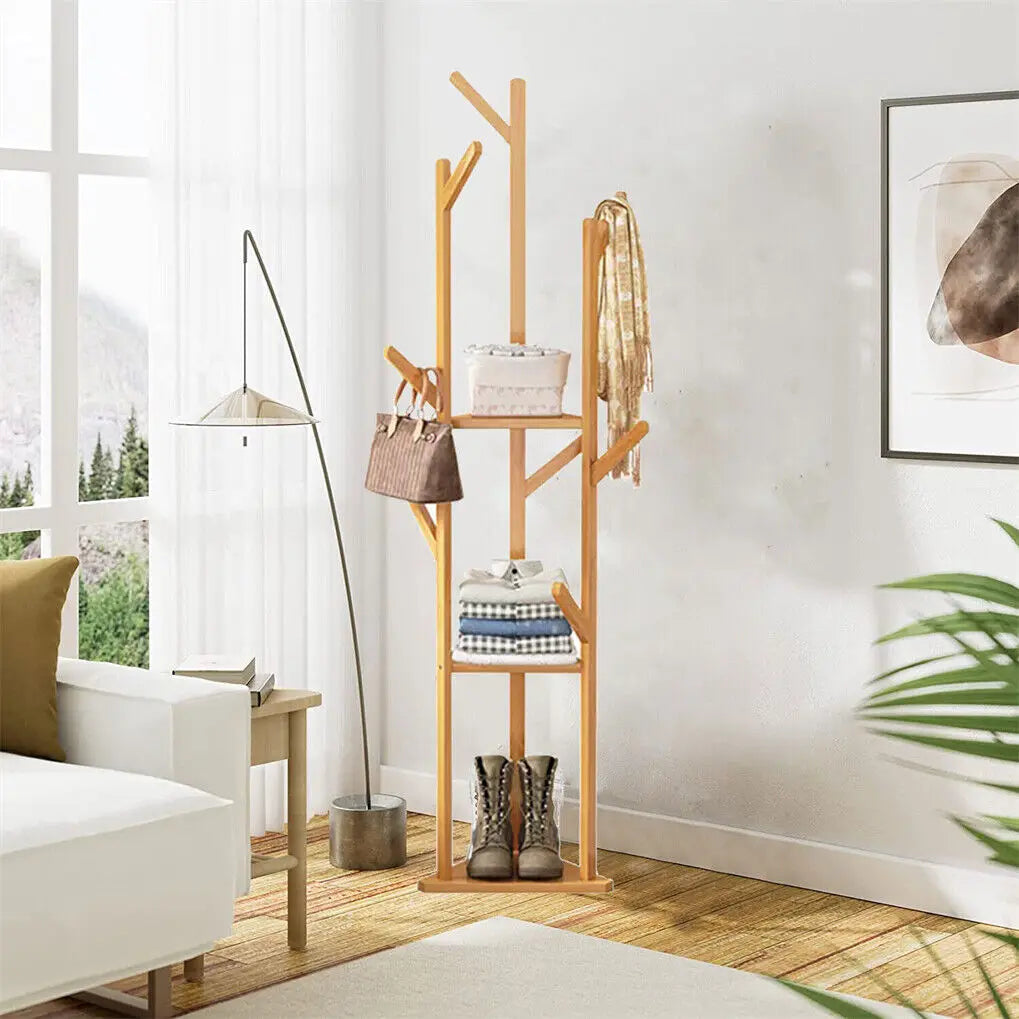 Bamboo Clothing/Coat/Shoe Stand With Hooks & Shelves