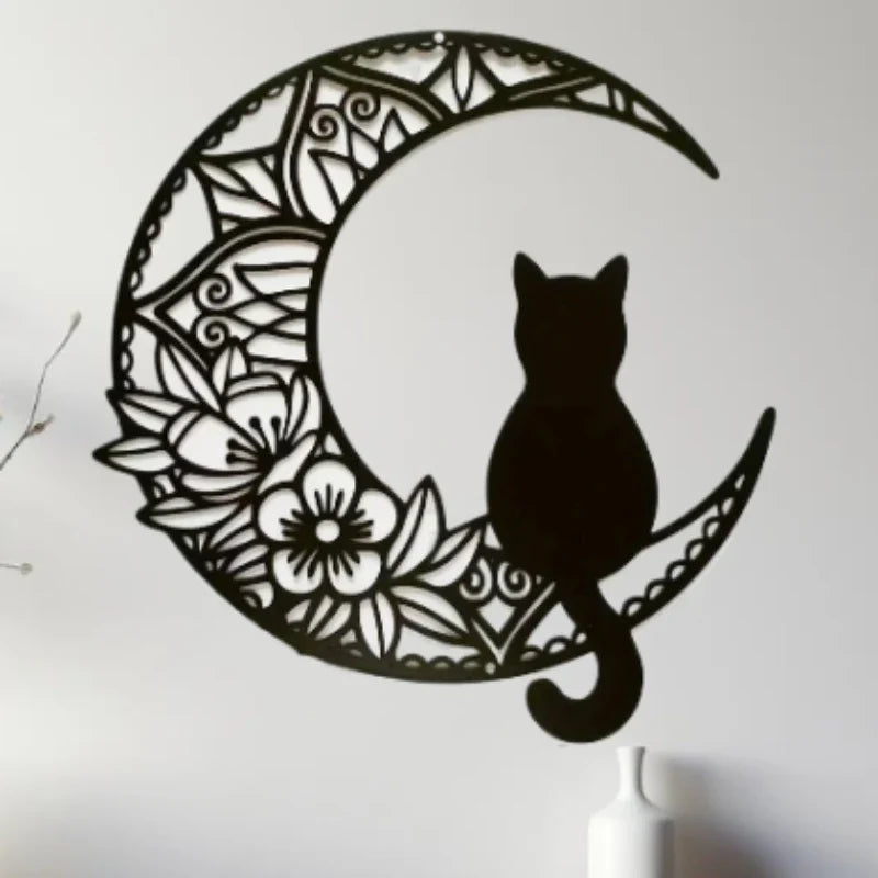 HelloYoung Black Cat On The Moon Wall Pediments, Cat And Moon Metal Wall Decor, Cat Wall Sculpture for Cats Lover, Home Decor