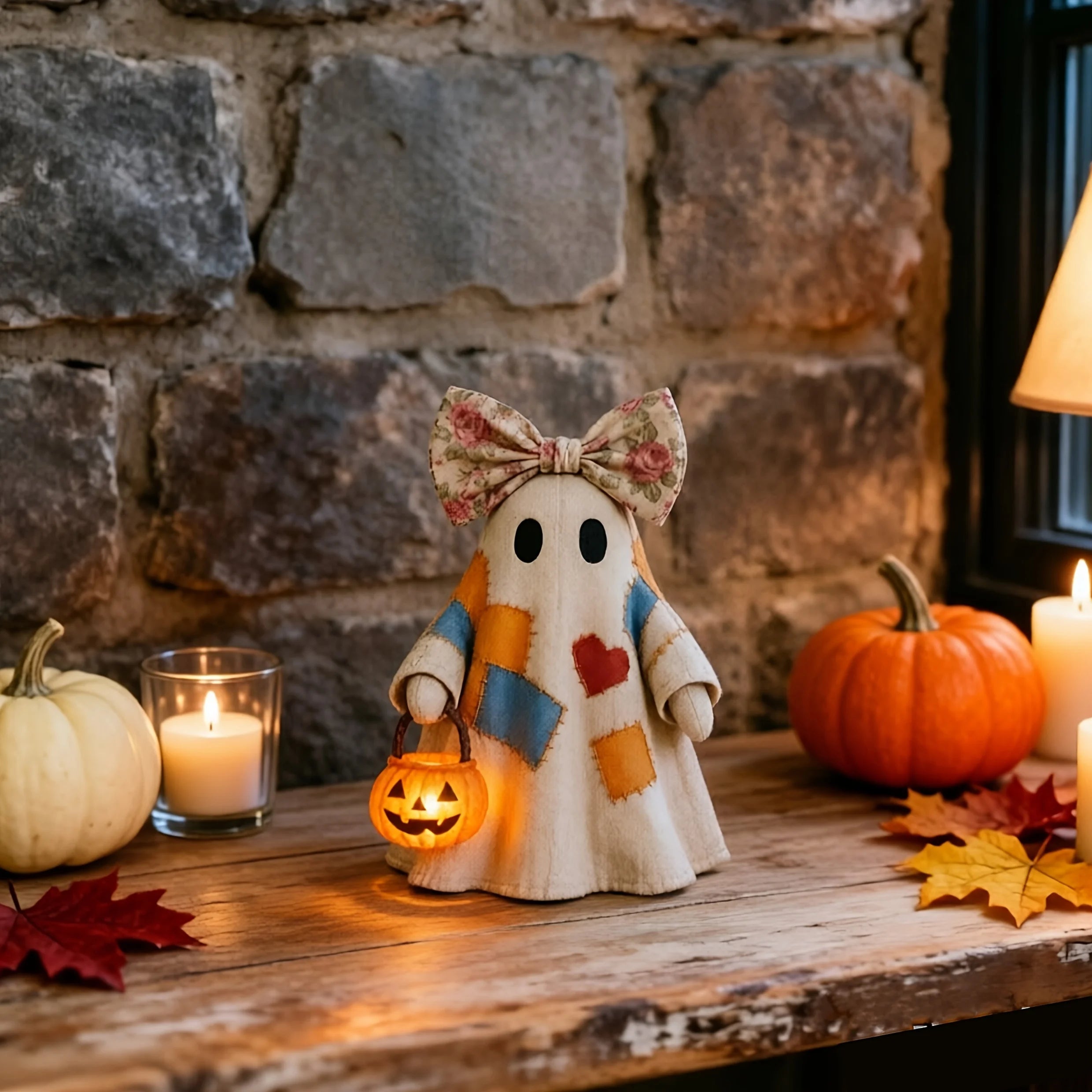 Vintage Patchwork Ghost & Pumpkin Decoration