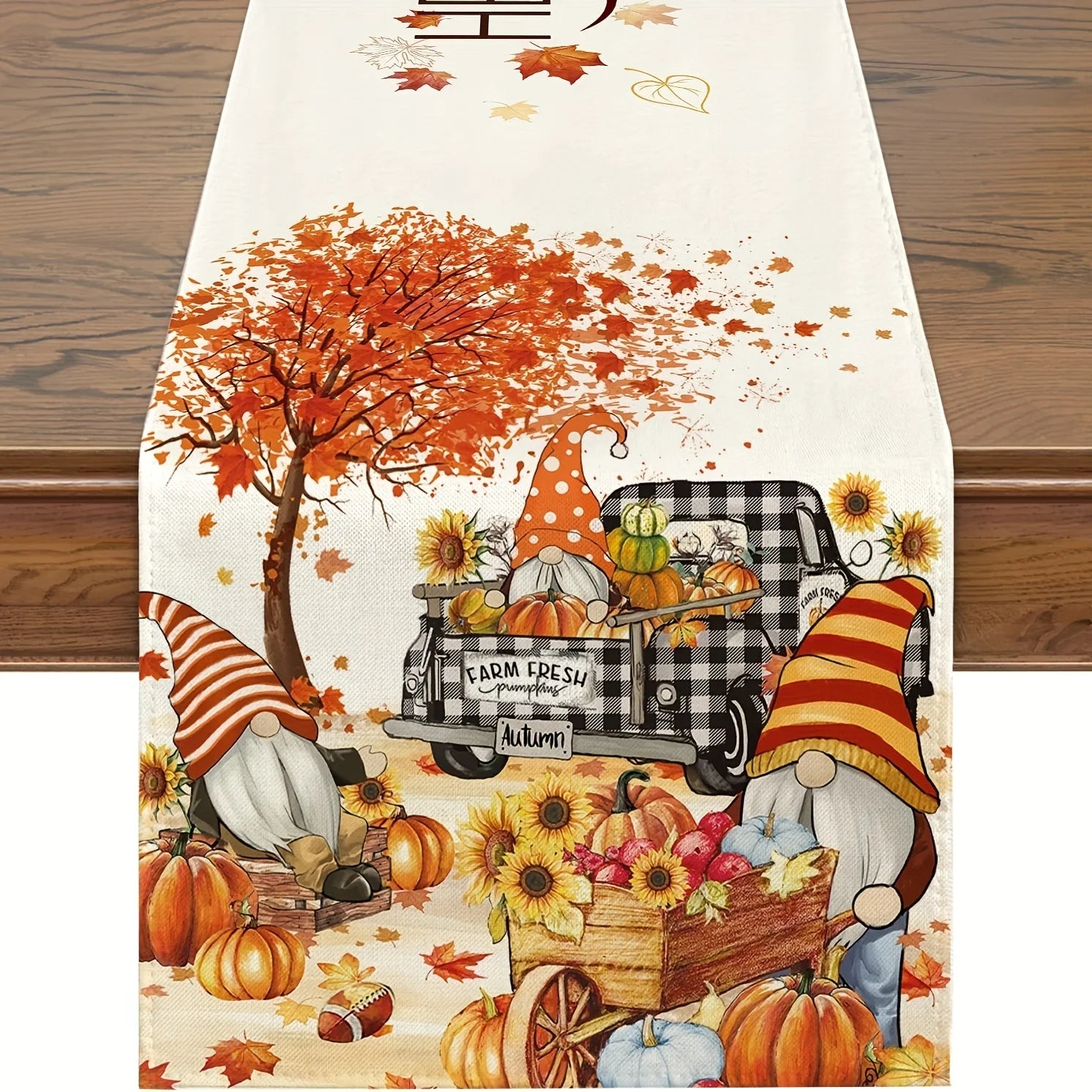 Autumn Gnomes, Sunflowers & Truck Table Runner