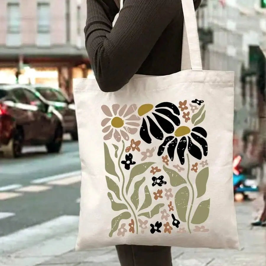 Boho Floral Print Reusable Canvas Tote Bag
