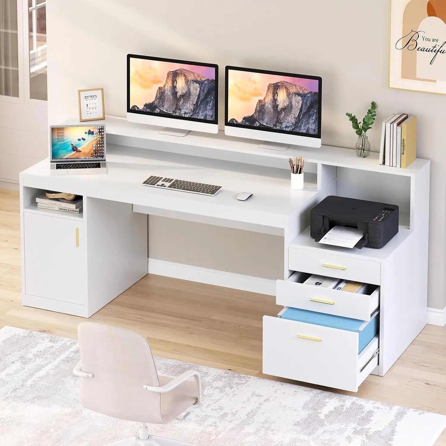 65" Computer Desk 3 Drawers, Storage Shelves
