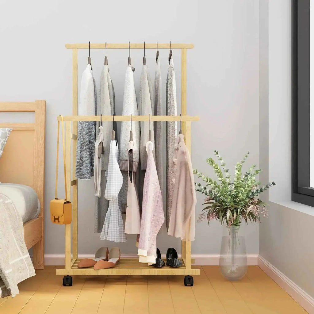 Bamboo Garment Rack with Storage Shelves Coat Rack