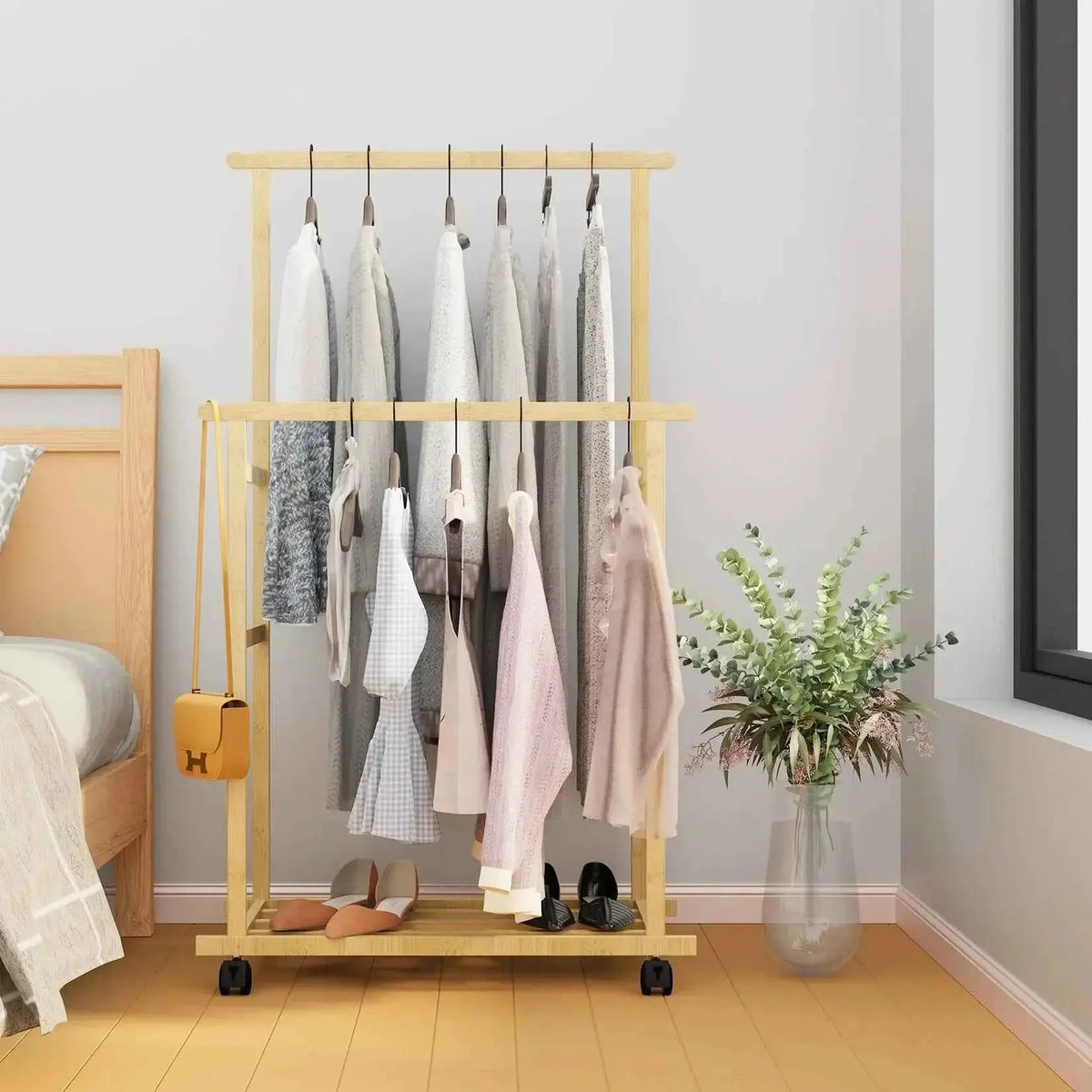 Bamboo Garment Rack with Storage Shelves Coat Rack