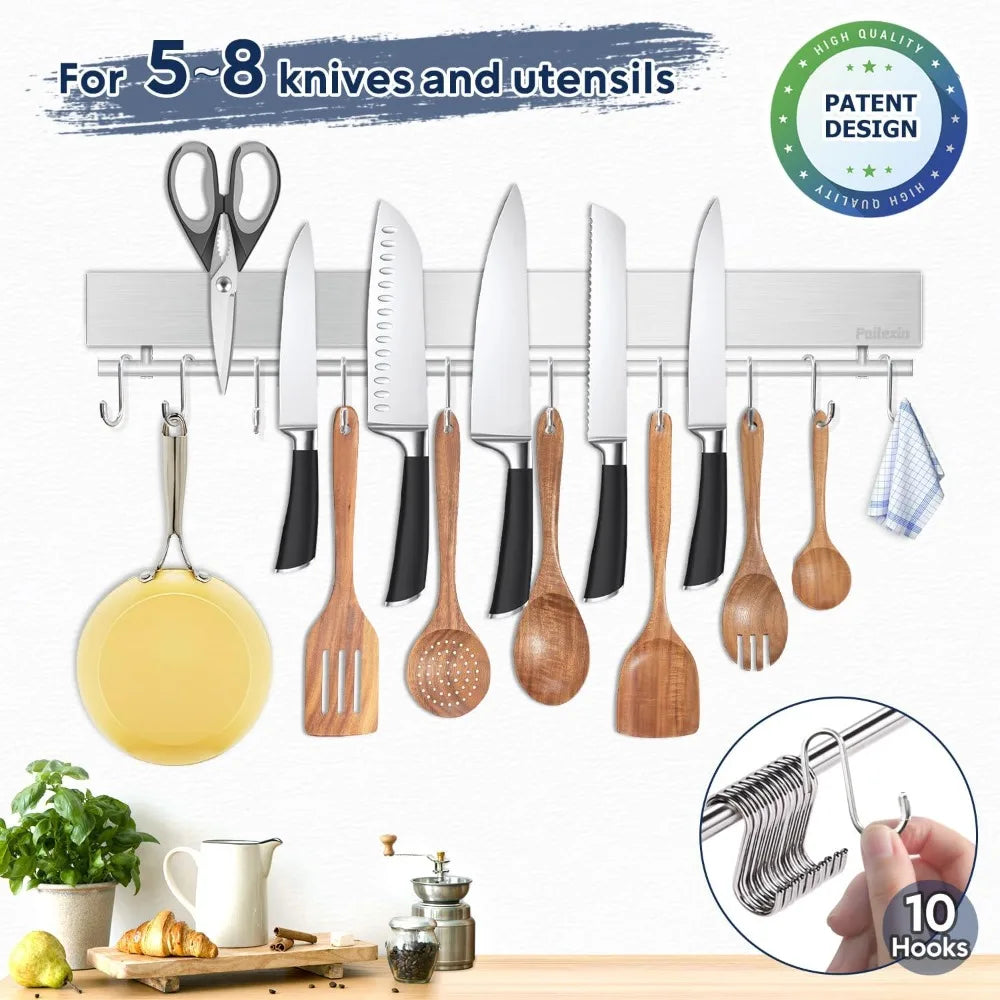 17" Magnetic Knife Holder With 10 Hooks