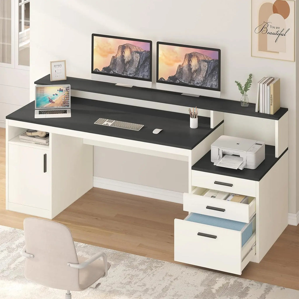 65" Computer Desk 3 Drawers, Storage Shelves