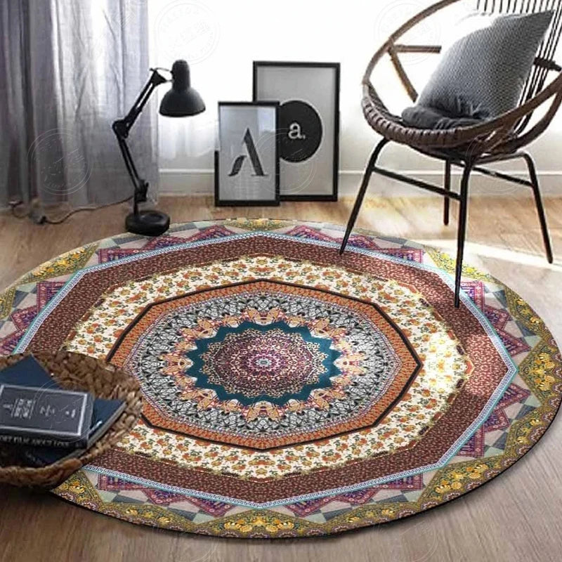 VIKAMA Round Rug Premium Ethnic Vintage Persian Bohemian Living Room Bedroom Rocking Chair Floor Mat Home Decor