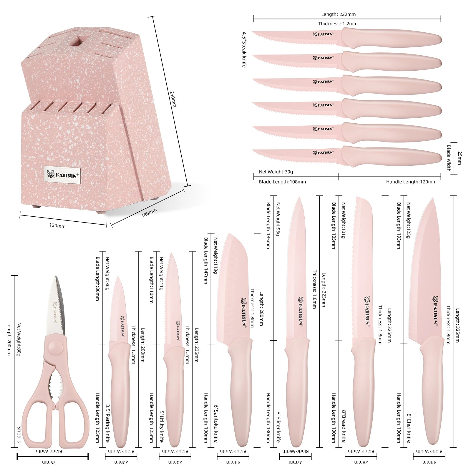 14-Pcs Titanium Coated Pink Kitchen Knife Set