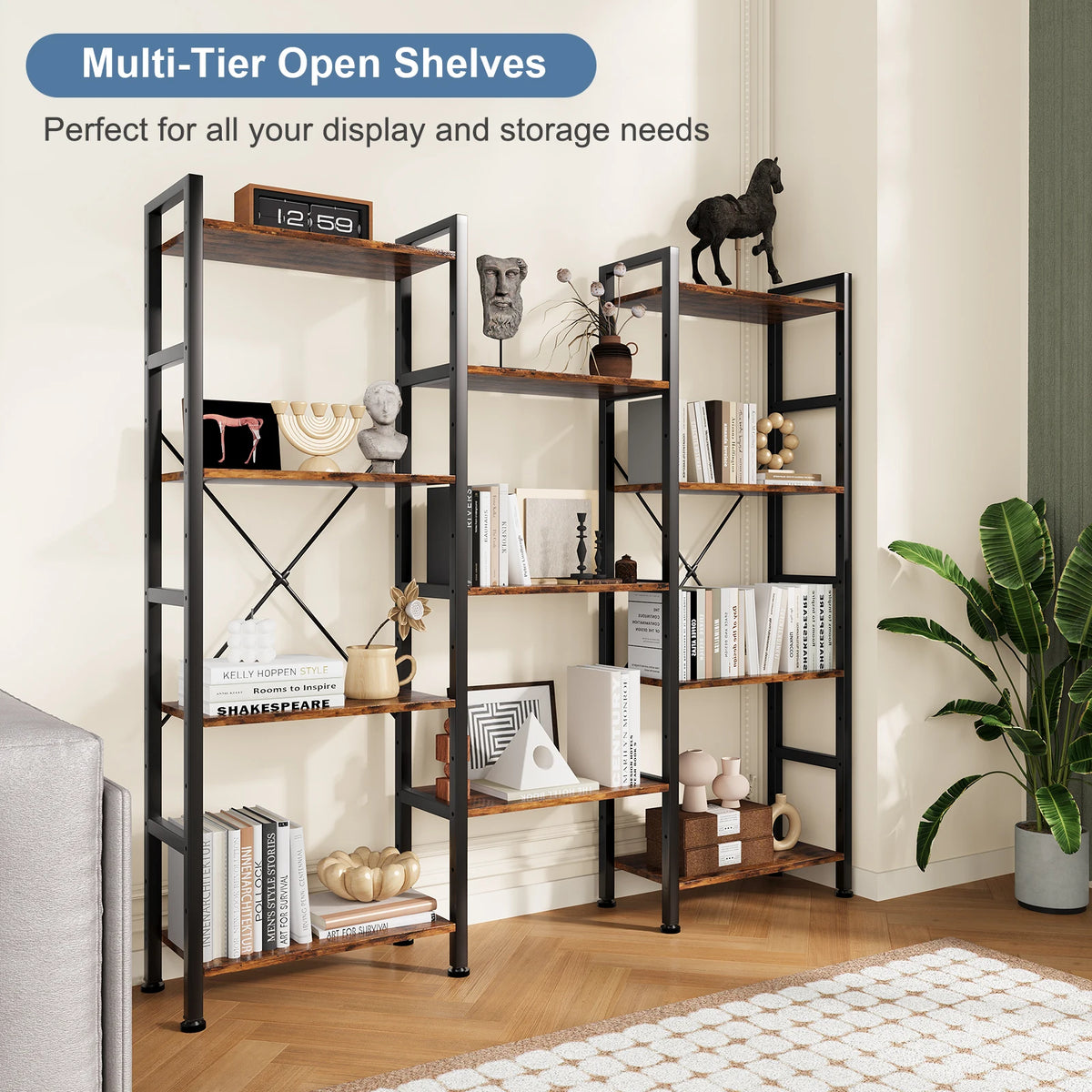 4-Tier Wide Display Bookshelf With Storage, Adjustable