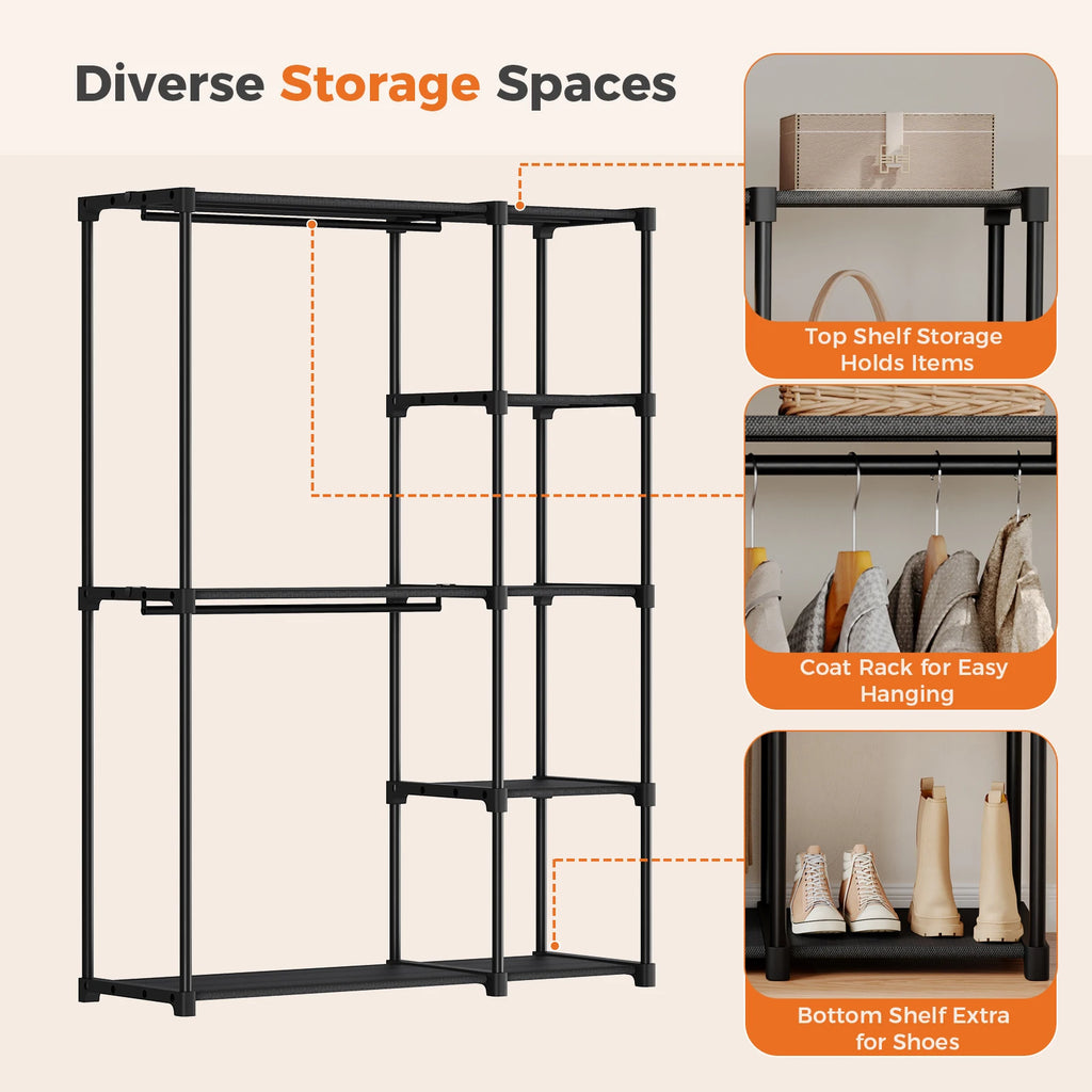 Portable Wardrobe Closet With Hanging Rods, Shelves