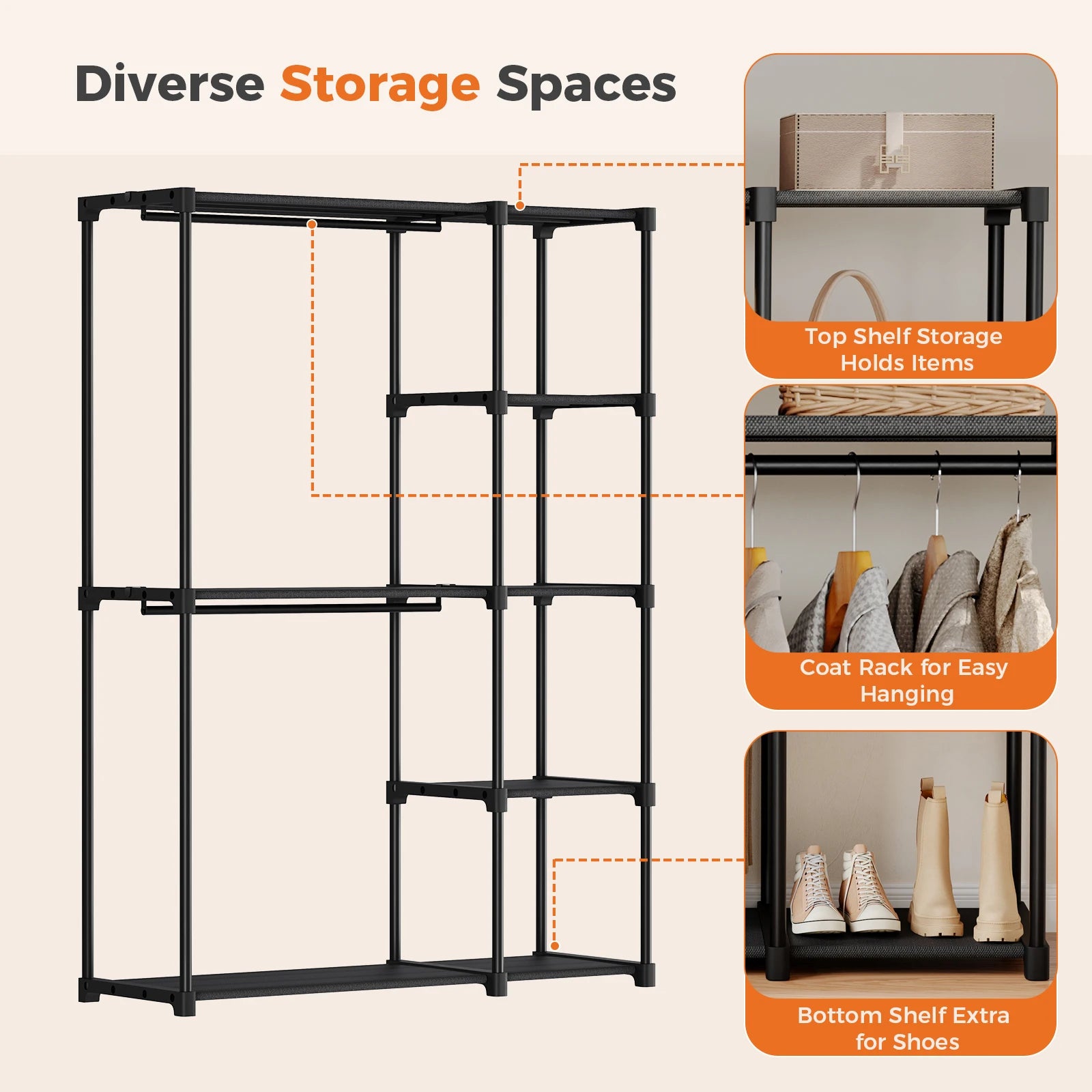Portable Wardrobe Closet With Hanging Rods, Shelves