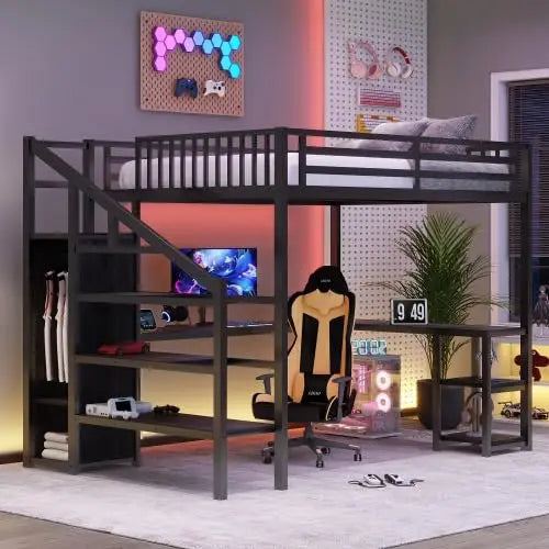 Queen Loft Bed Frame, Stairs/Storage/Wardrobe/Bedside Shelf
