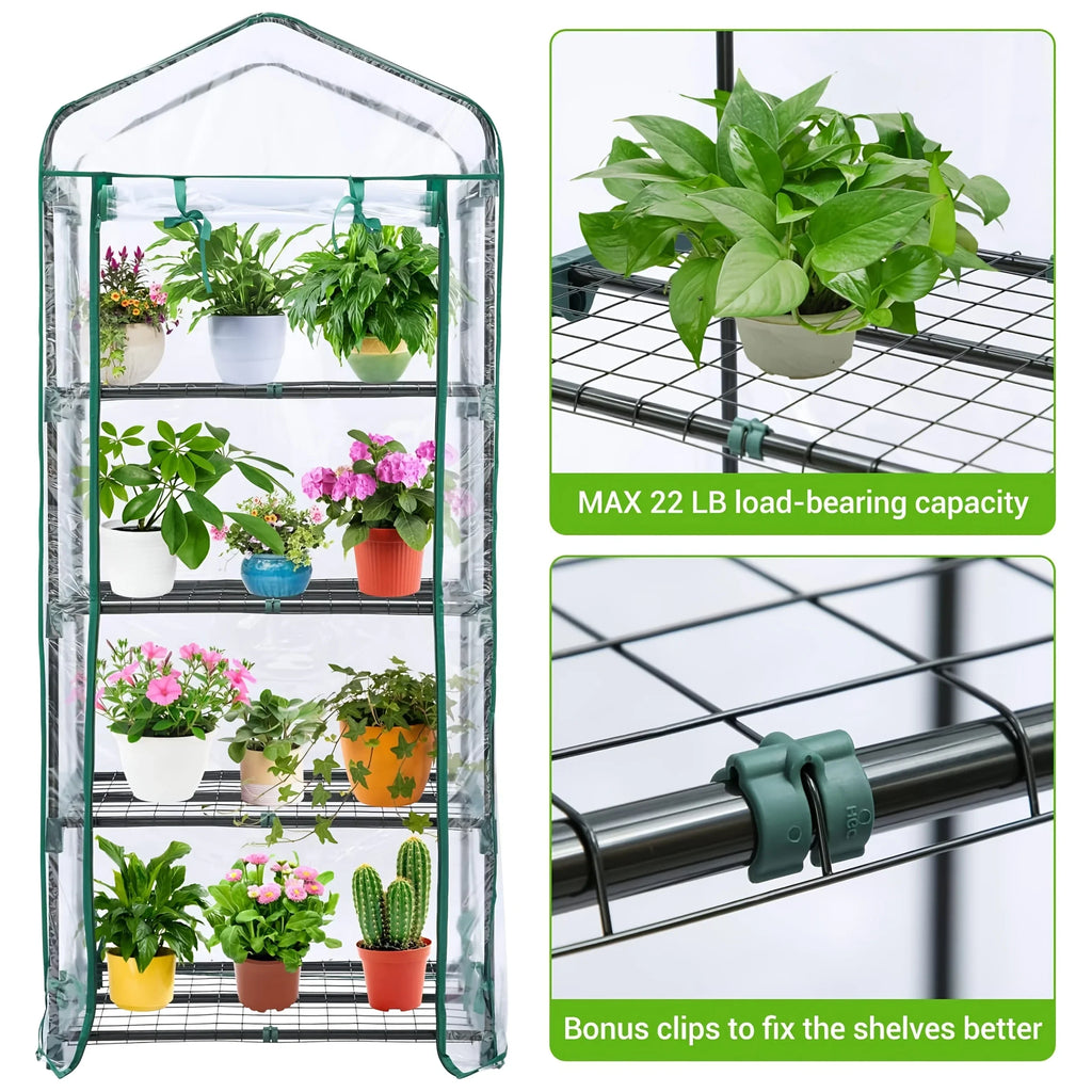 4 Tier Mini Greenhouse, Portable Greenhouse with Rust-Resistant Frame and PVC Cover for Winter Garden Patio Backyard Porch