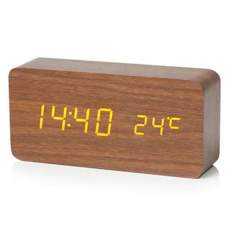 Wooden Digital Alarm Clock, With Temperature