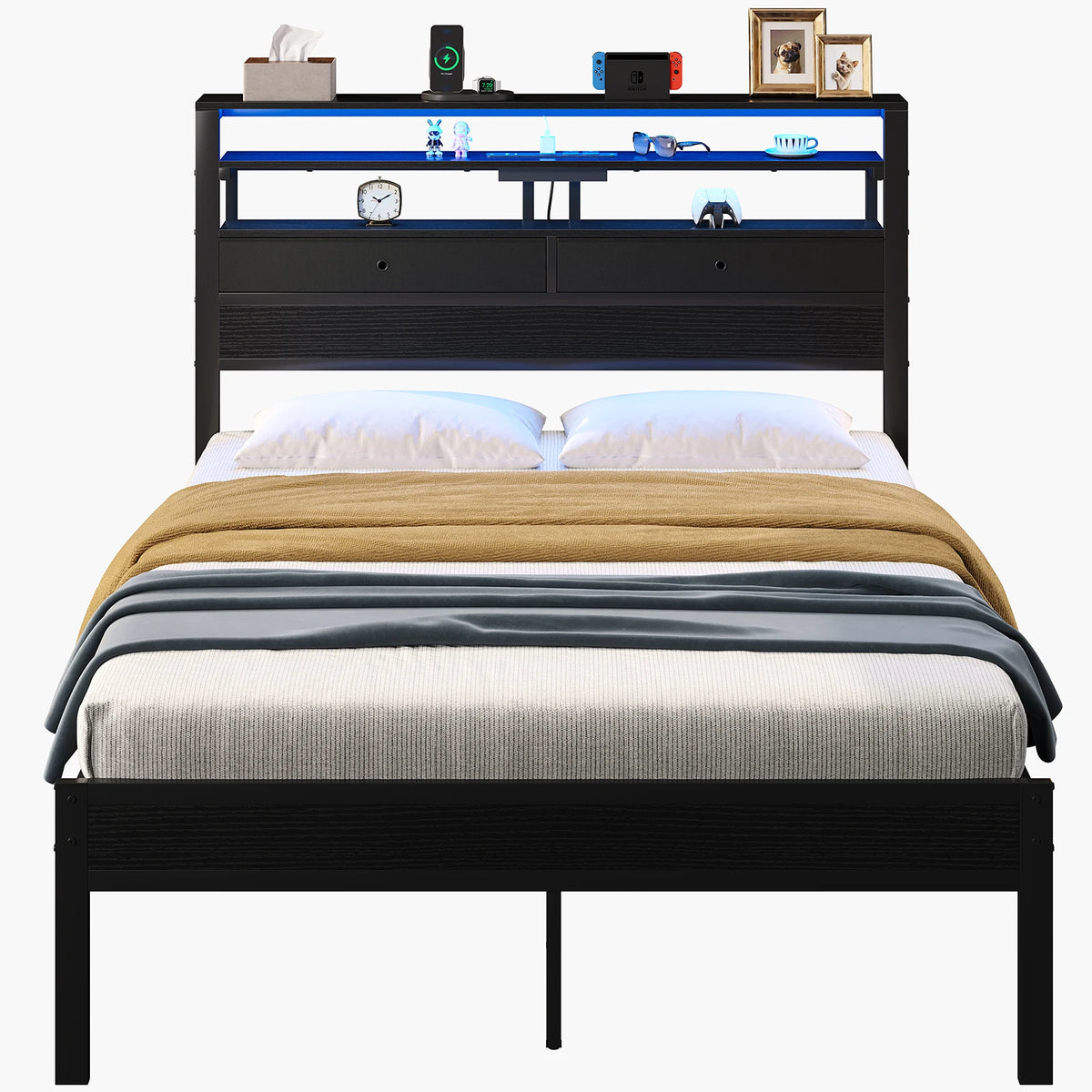 Platform Bed Frame W/ Storage LED Charging Station