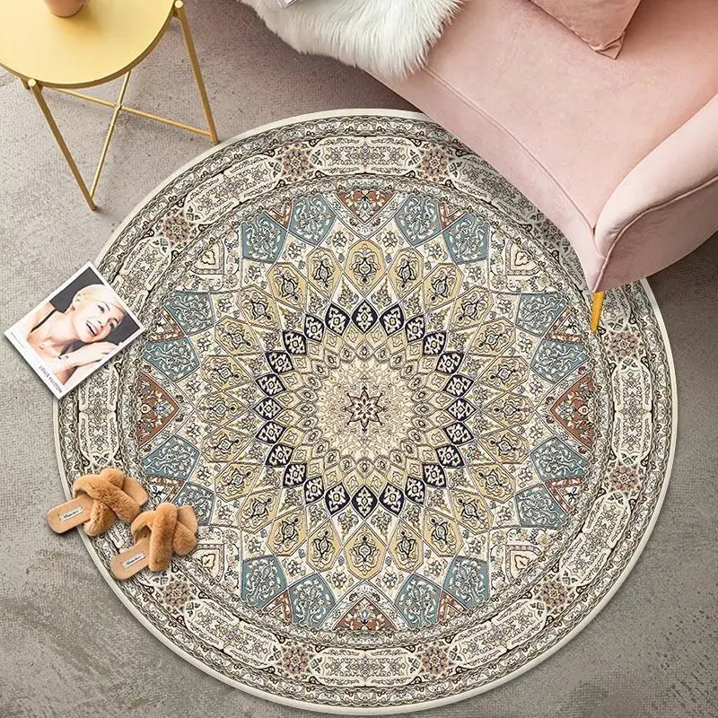 VIKAMA Round Rug Premium Ethnic Vintage Persian Bohemian Living Room Bedroom Rocking Chair Floor Mat Home Decor