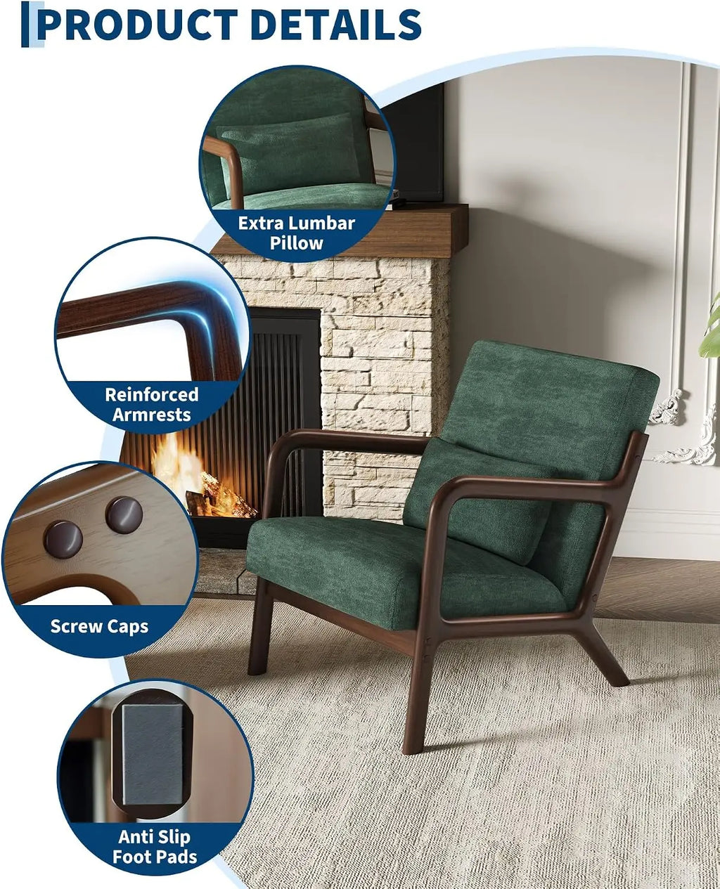 Mid-Century Cozy Green Chenille Accent Chair