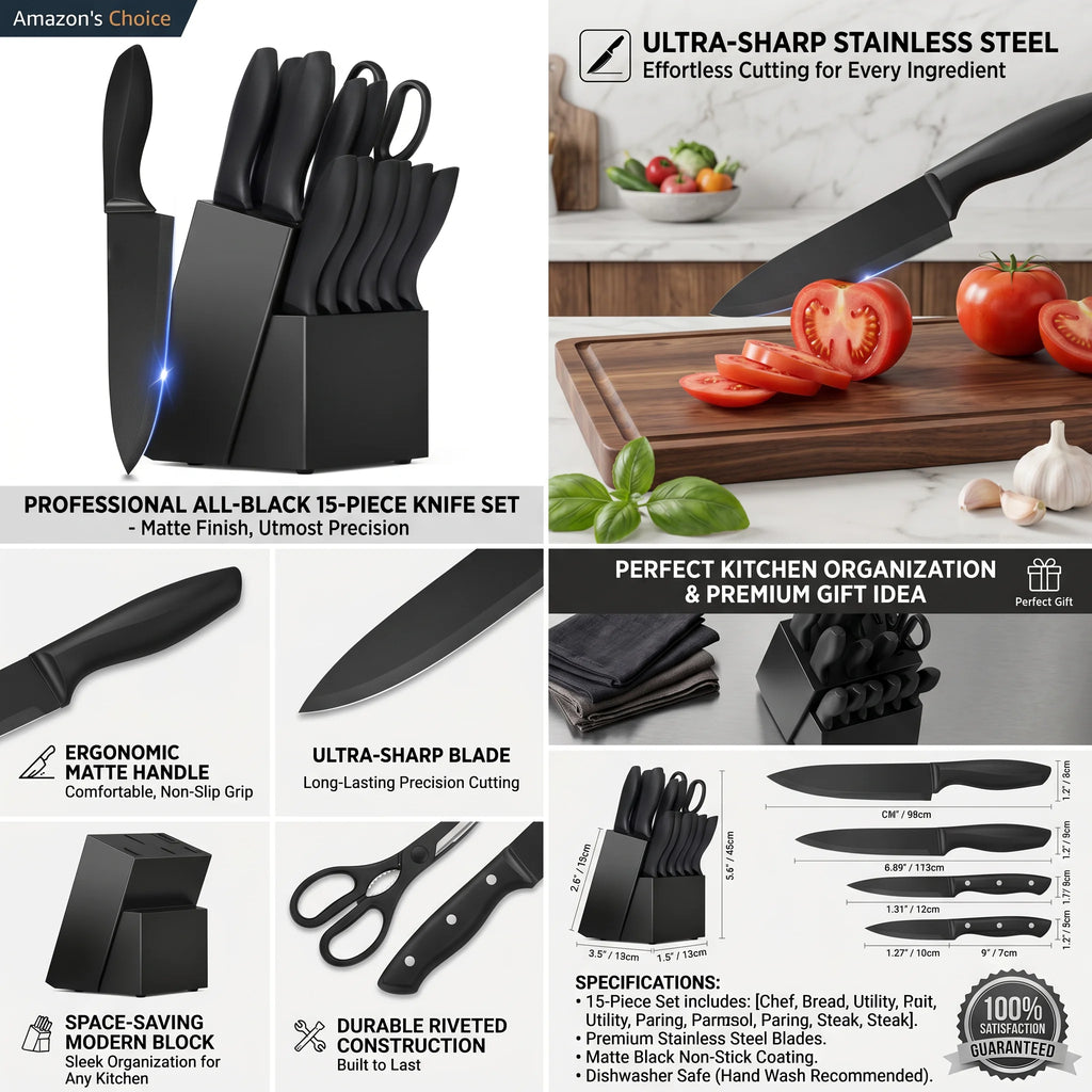 15Pcs Full Stainless Steel Kitchen Knife Set