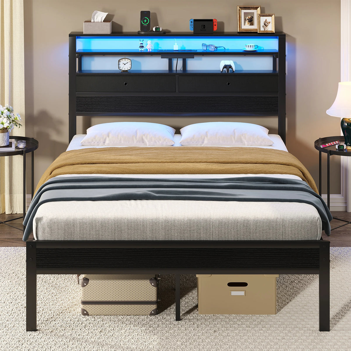 Platform Bed Frame W/ Storage LED Charging Station