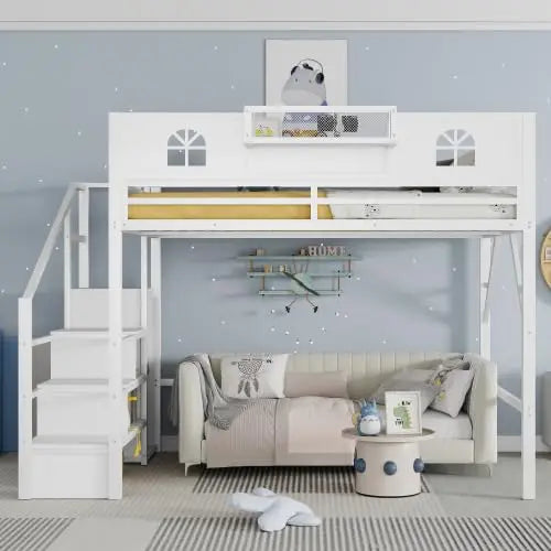 Queen Loft Bed Frame, Stairs/Storage/Wardrobe/Bedside Shelf