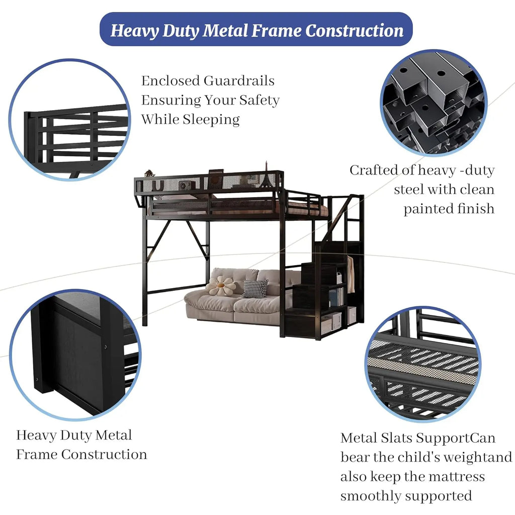 Queen Loft Bed Frame, Stairs/Storage/Wardrobe/Bedside Shelf